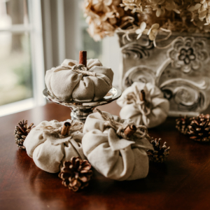 A set of 4 linen pumpkins with cinnamon sticks as their stems are photographed in front of a window.