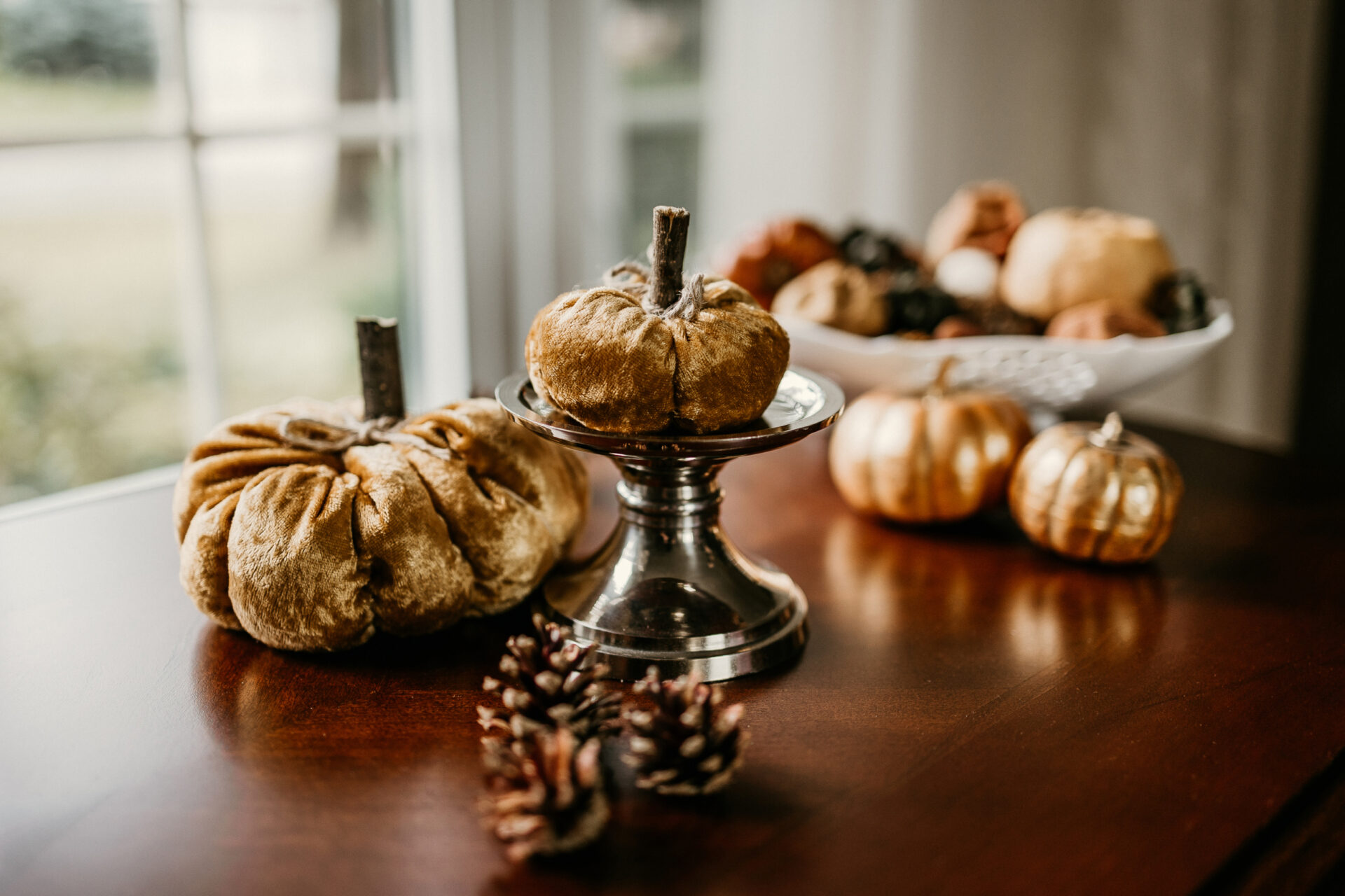 A set of 2 orange velvet pumpkins with wood sticks as their stems are photographed in front of a window. The larger pumpkin is to the left while the smaller pumpkin on the right is placed on a silver stand.