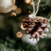 Small pinecone ornament hanging on a Christmas tree